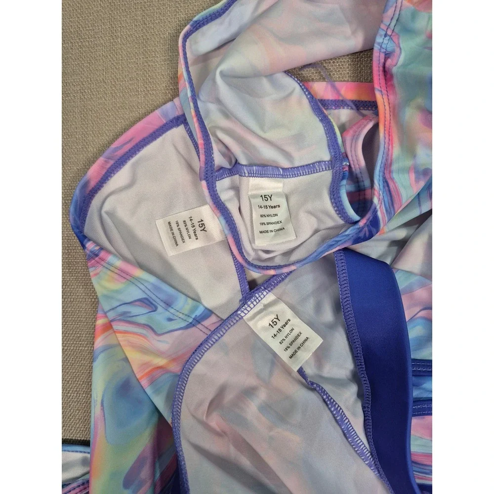 Generic Girl 3-Piece Tankini Swimsuit Set Marble Swirl Pink Blue Purple Size 15Y